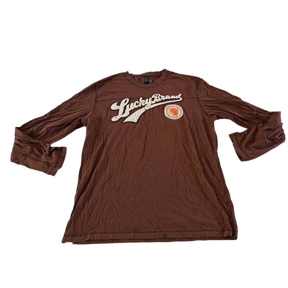 Lucky Brand Logo Brown Long Sleeve Crewneck T Shirt Men's XL Y2K 2000s